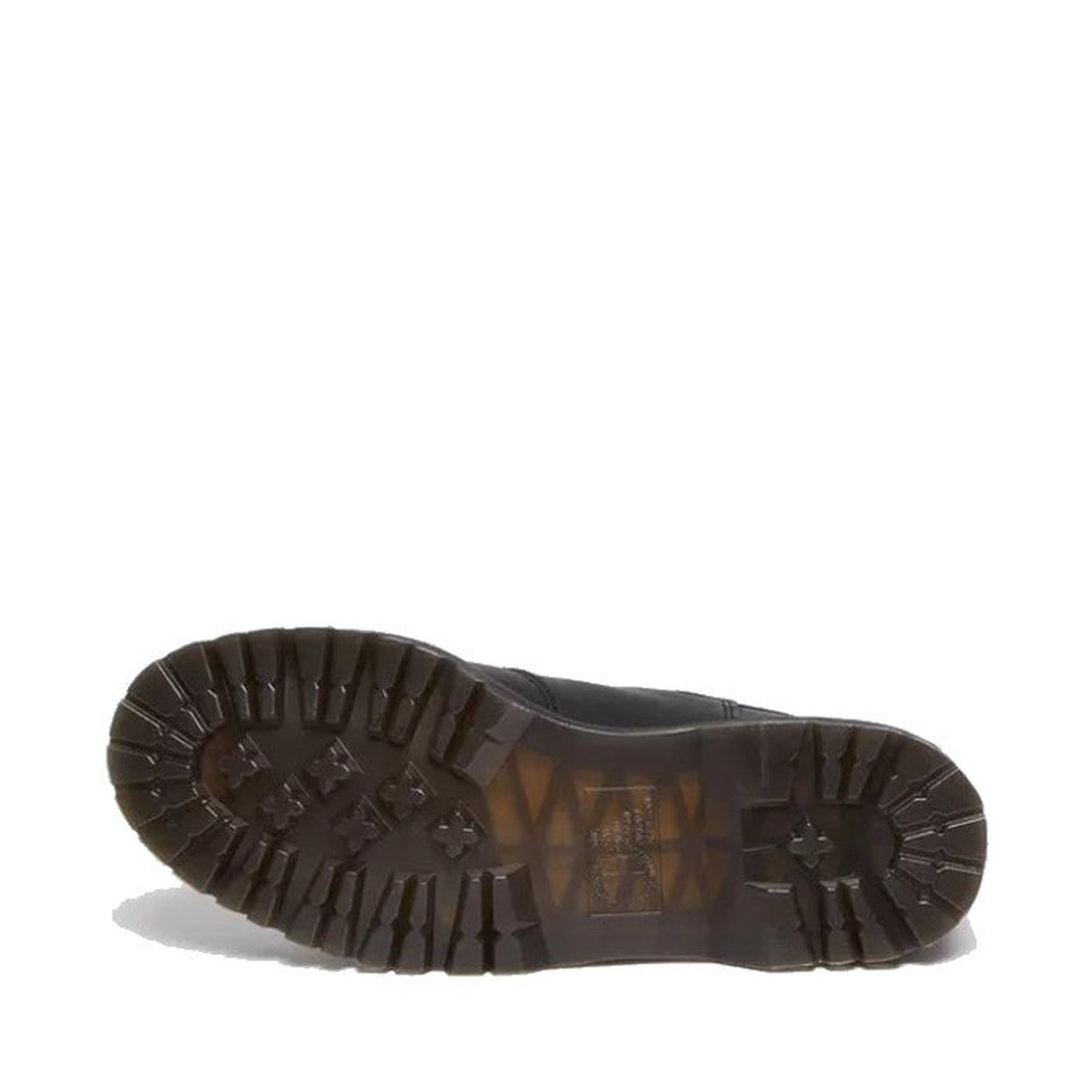 A Dr Martens 1460 HDW Pascal Hardware 8 eye Nappa boot in black lies on its side, displaying a rugged, patterned sole with deep treads for traction and durability, crafted from premium Nappa leather, set against a white background., 190665552911, 30444, 3