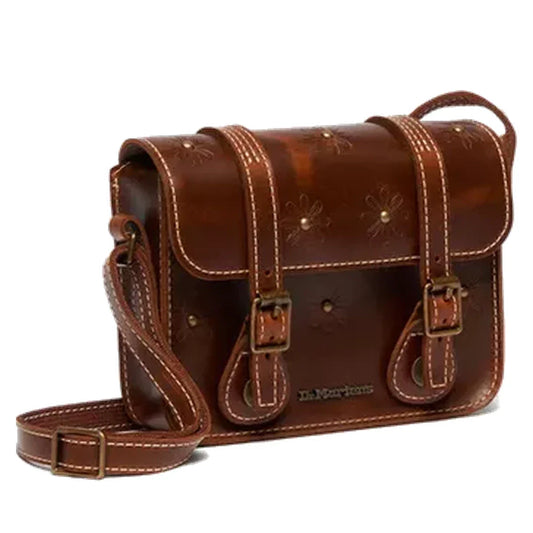 Dr Martens Leather Cross Body Amber Tan Satchel, smooth leather finish, stylish stitching, floral embossing, flap closure & buckles.  ksnz
