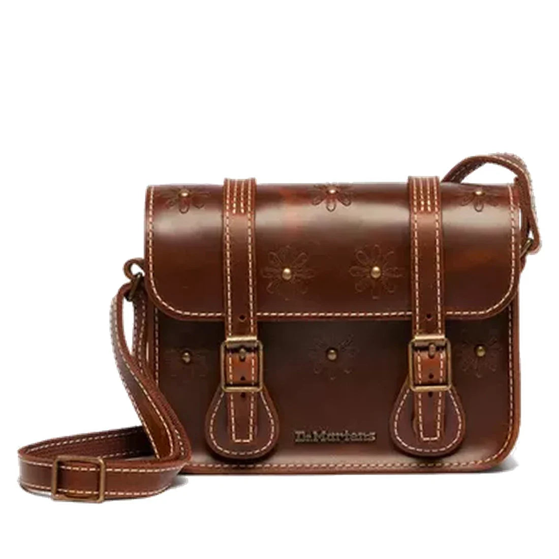 The Dr Martens Leather Cross Body Amber Tan Satchel (7 inch) is a cozy brown bag with floral details, easy buckles, and sturdy stitching.  ksnz, 190665799613