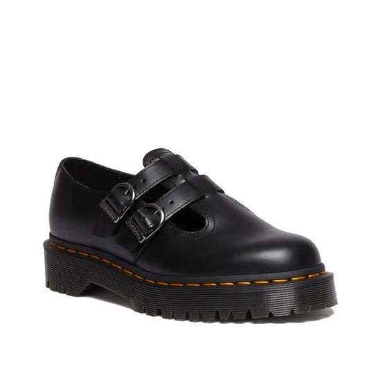 Image of right foot, side on of Dr Martens Bex 8065 II 2 Strap Mary Jane Shoe Black-Foot Forward Shoes