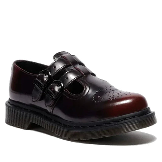 A single Dr Martens 8065 2 Strap Mary Jane Shoe in Cherry Red Arcadia leather with two buckle straps, perforated toe detailing, and a thick black ridged Goodyear-welted sole.