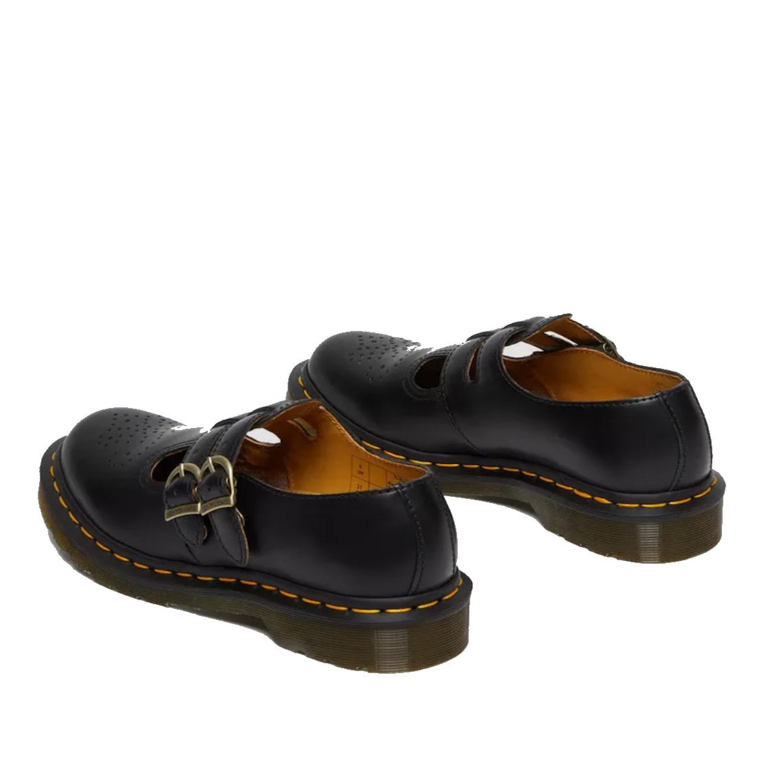 The Dr Martens 8065 2 Strap Mary Jane Shoe Black Smooth features smooth black leather, double buckle straps, perforated toe detailing, signature yellow stitching, and a thick, ridged outsole., 883985051768, 883985051775, 883985051782, 883985051799, 883985
