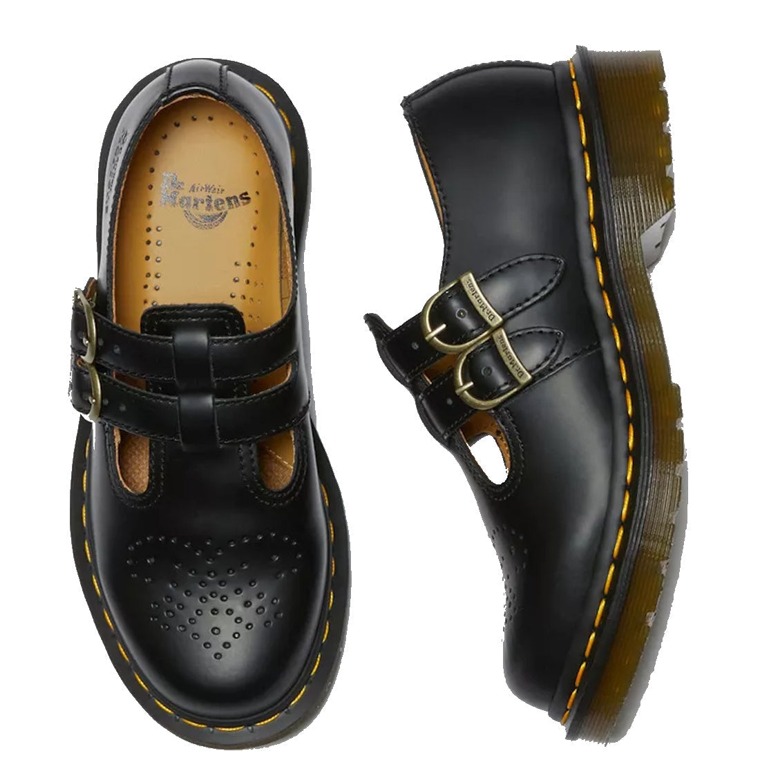 The Dr Martens 8065 2 Strap Mary Jane Shoe Black Smooth features buckle straps, smooth black leather, perforated toe detailing, signature yellow stitching, and thick translucent brown soles for a timeless look., 883985051768, 883985051775, 883985051782, 8