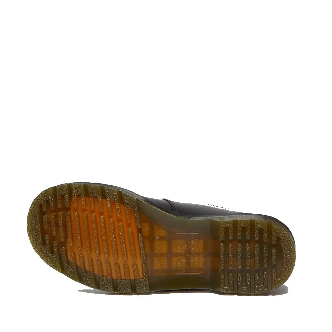 The image shows the bottom view of a Dr Martens 8065 2 Strap Mary Jane Shoe Black Smooth, featuring a translucent, grooved sole with a brownish-yellow tint and textured tread, positioned horizontally on a plain white background., 883985051768, 88398505177