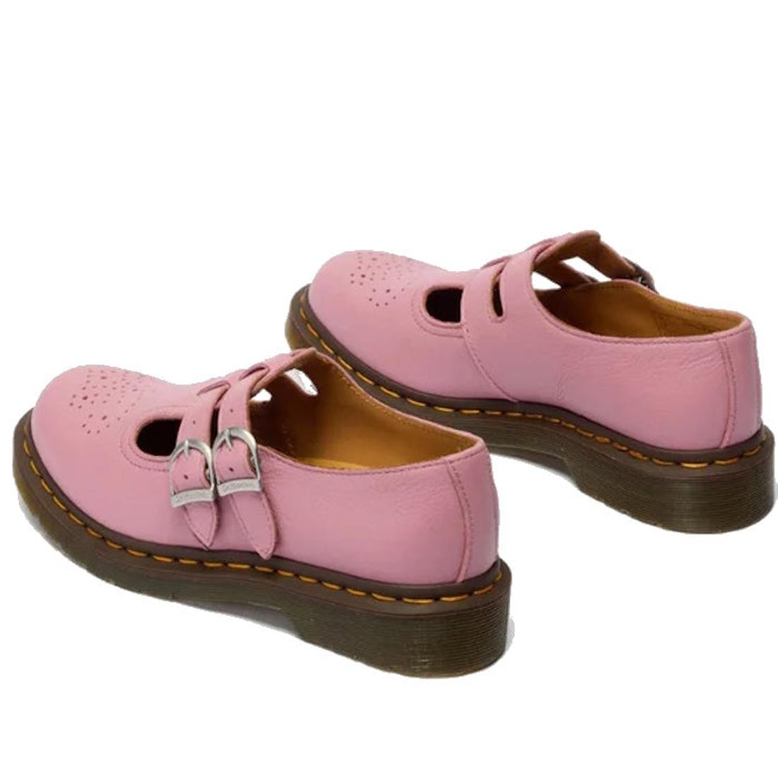 The Dr. Martens 8065 2 Strap Mary Jane Shoe in dusky rose pink features Virginia leather, perforated details, double buckle straps, and thick brown soles with signature yellow stitching., 50241, 50242, 50243, 50244, 50245, 50246, 50247, 50241, 19066578186