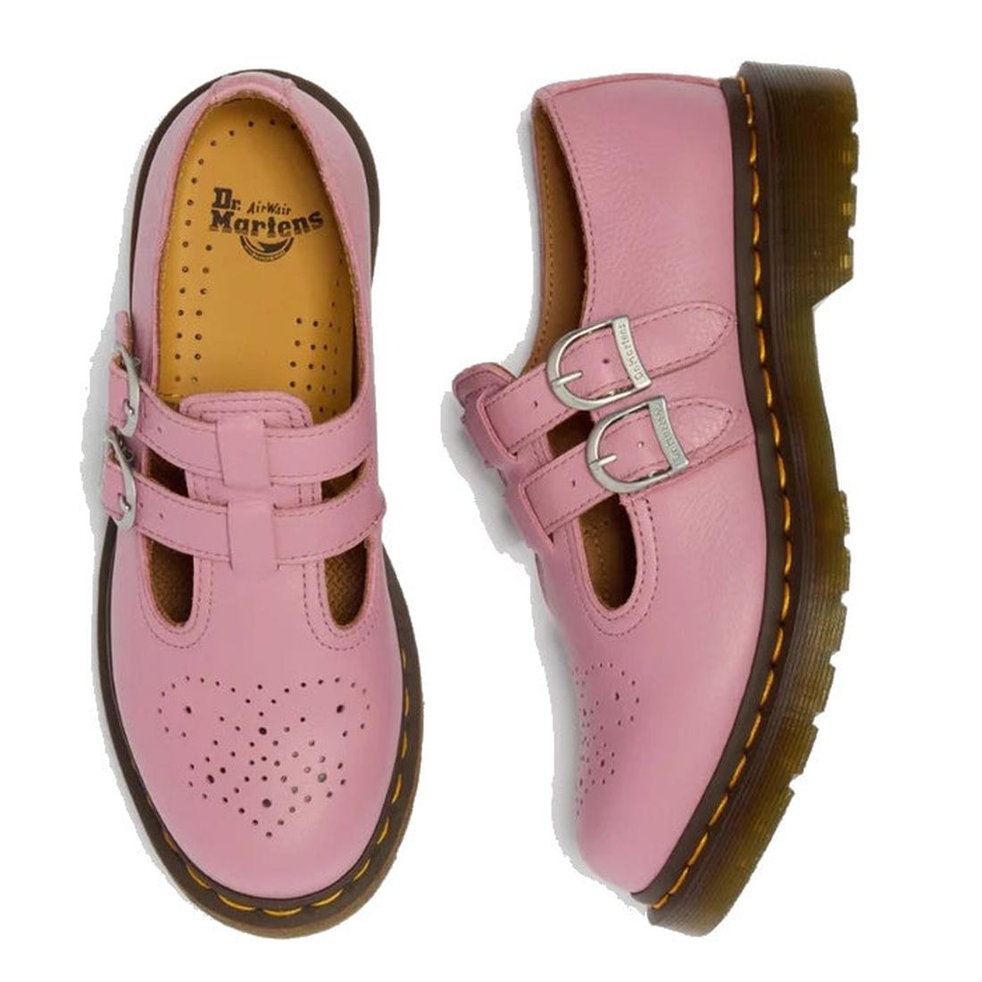 The Dr Martens 8065 2 Strap Mary Jane Shoe in Dusky Rose Pink features soft Virginia leather, double buckled straps, a perforated toe, and chunky black soles with iconic yellow stitching., 50241, 50242, 50243, 50244, 50245, 50246, 50247, 50241, 1906657818