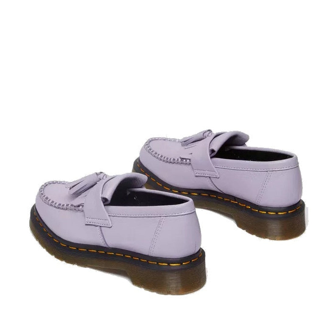 A pair of Dr Martens Adrian Lavender Frost Virginia Leather Tassel Loafers with thick brown translucent soles and yellow stitching, shown from the back and side on a white background., 41118, 190665677430, 190665677447, 190665677454, 190665677478, 41124, 