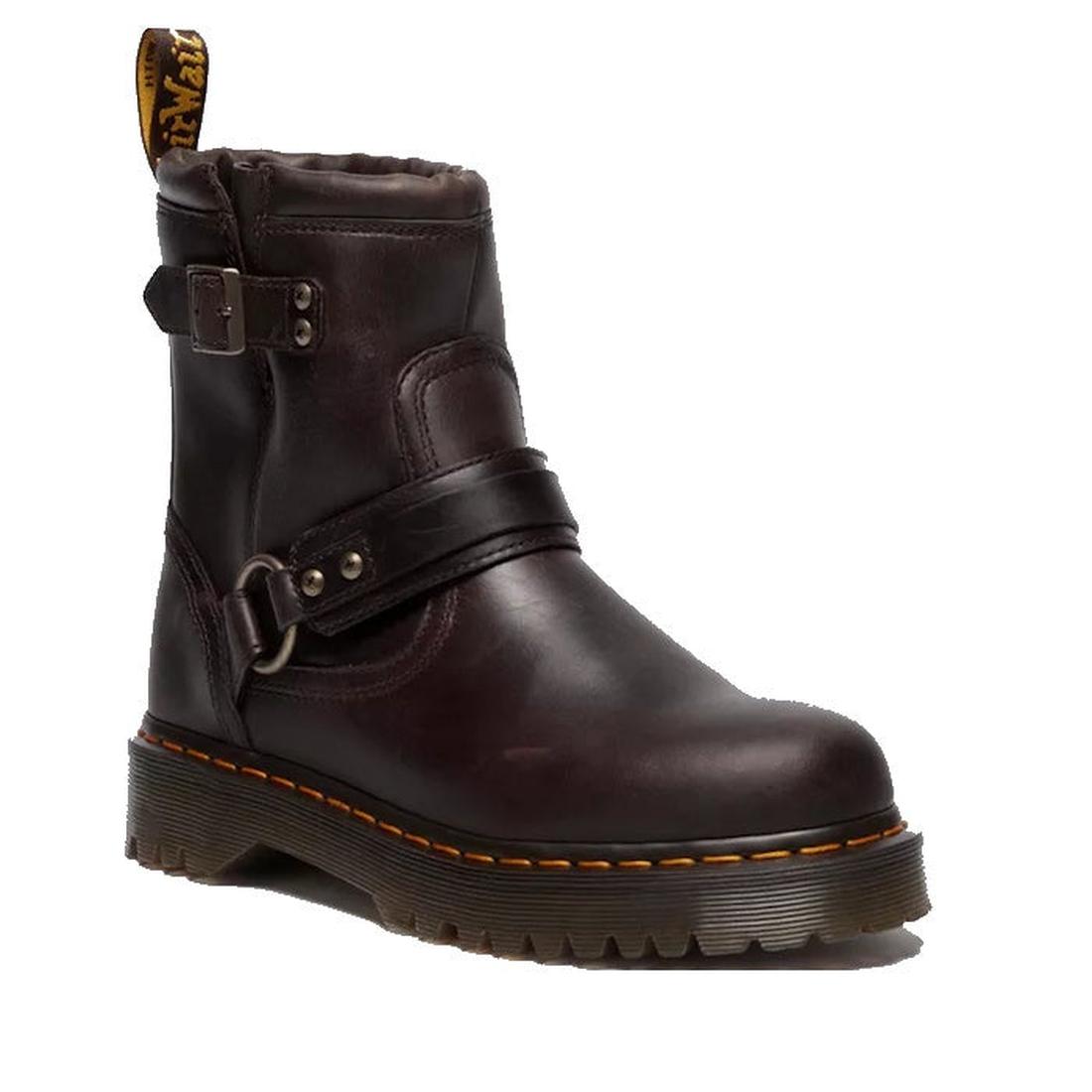 The Dr. Martens Anistone Harness Bex Crazy Horse Dark Brown Biker Boots feature thick ridged soles, buckle and strap details, iconic yellow stitching around the sole, and a branded pull tab on the heel.