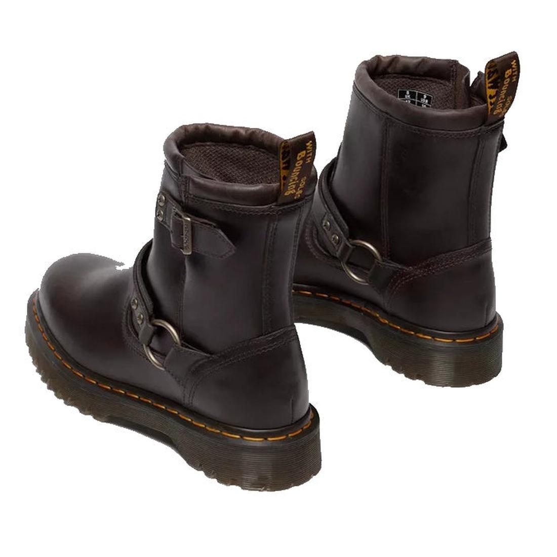 Dr Martens Anistone Harness Bex Crazy Dark Brown Horse Biker Boots feature buckles, signature yellow stitching on the sole, and branded pull tabs, displayed on a white background., 49399, 190665745689, 190665745696, 190665745719, 49407, 49409, 49411, 4941