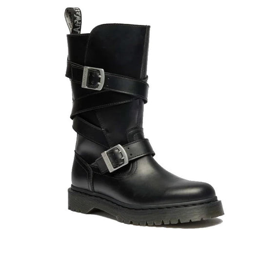 Dr Martens Anistone Bex Strap High Boots are sturdy black pull-on boots with buckles, thick grip sole, and easy back tab.  ksnz