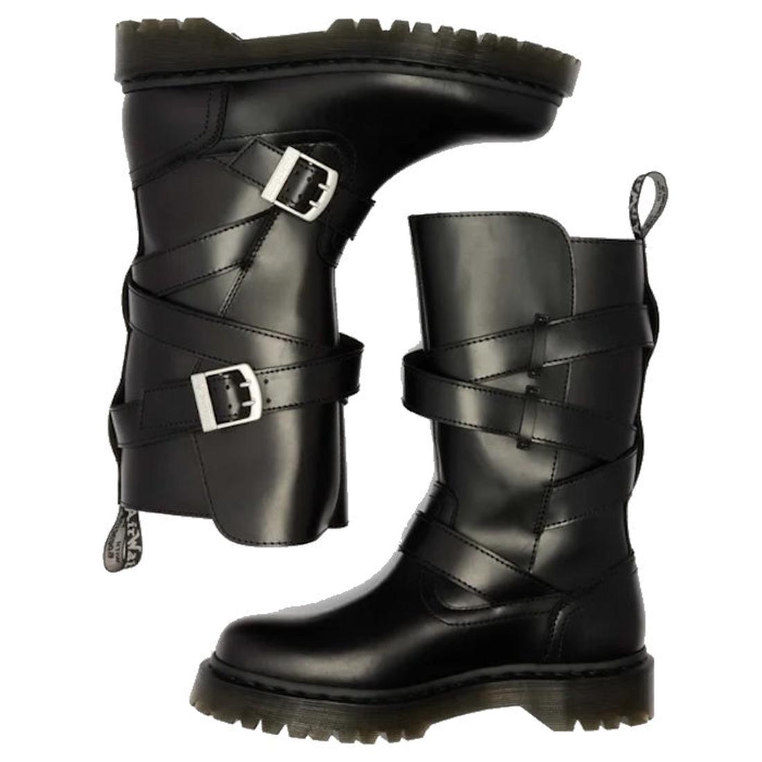 Dr Martens Anistone Bex Strap High Boots—black leather, chunky soles, silver buckles, easy pull-on straps. One stands upright, one lies on its side.  ksnz, 190665773729, 190665773736, 190665773743, 190665773767, 190665773774, 190665773781, 190665773804, 50753