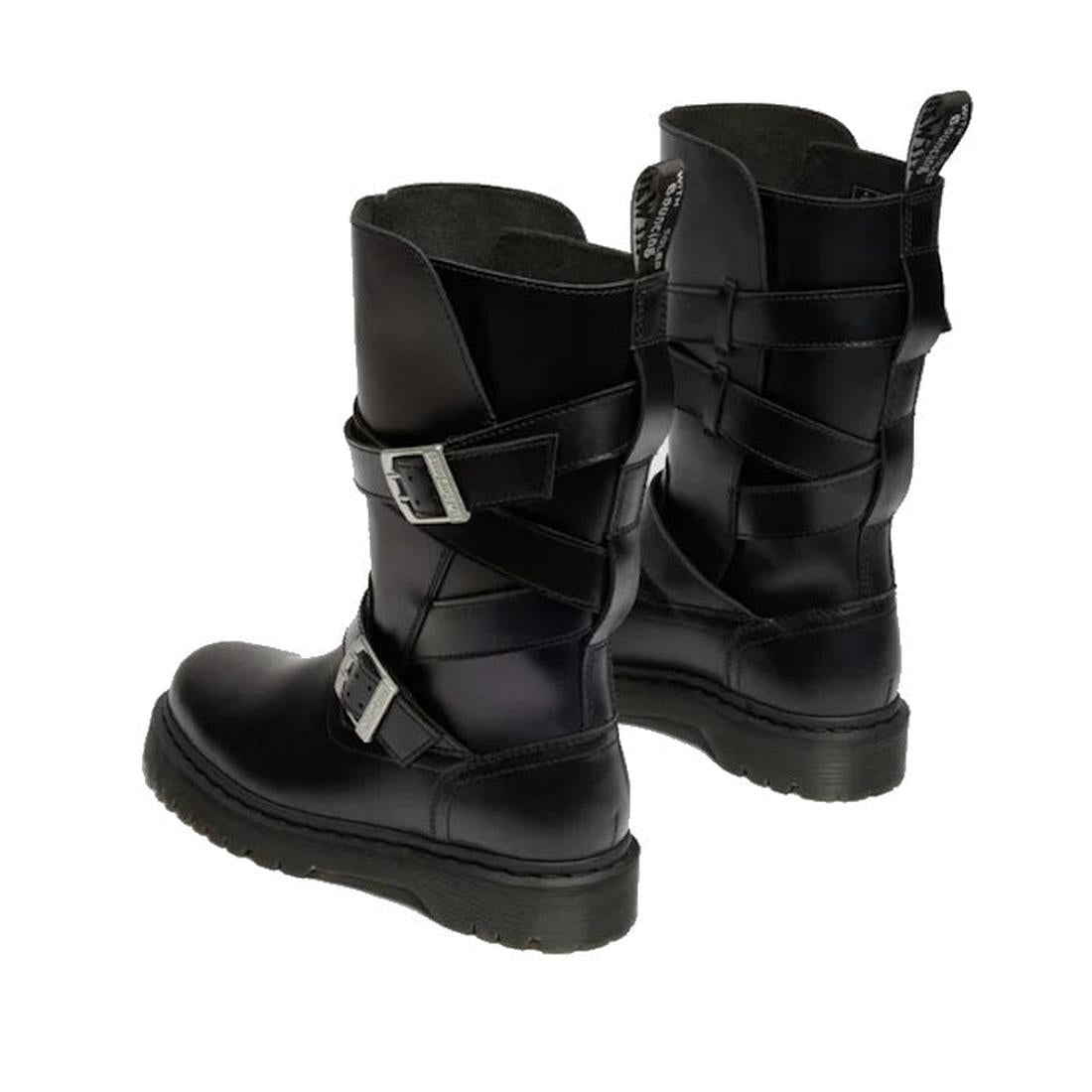 Dr Martens Anistone Bex Strap High Boots in classic black leather, sturdy thick soles, double silver buckle straps for secure comfort.  ksnz, 190665773729, 190665773736, 190665773743, 190665773767, 190665773774, 190665773781, 190665773804, 50753