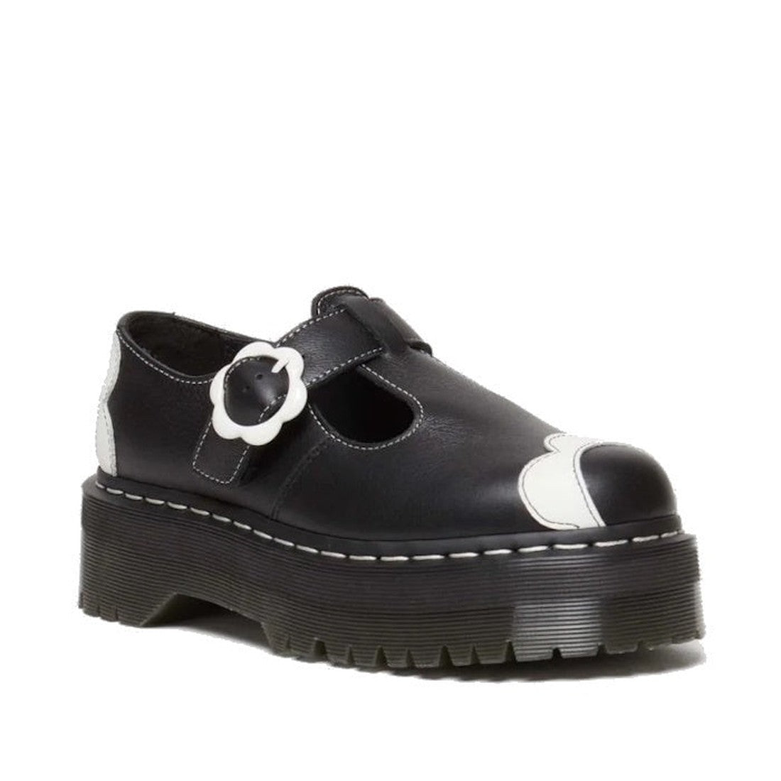 Image of right foot, side on of Dr Martens Bethan T-Bar Optical White Flower Black-Foot Forward Shoes