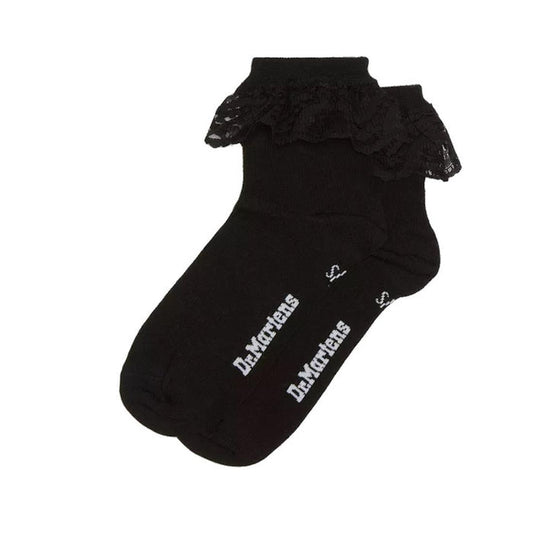 Dr Martens Ankle Frill Cotton Blend Socks Black—charming black ankle socks with soft frills, cozy cotton, and grippy branded soles.  ksnz