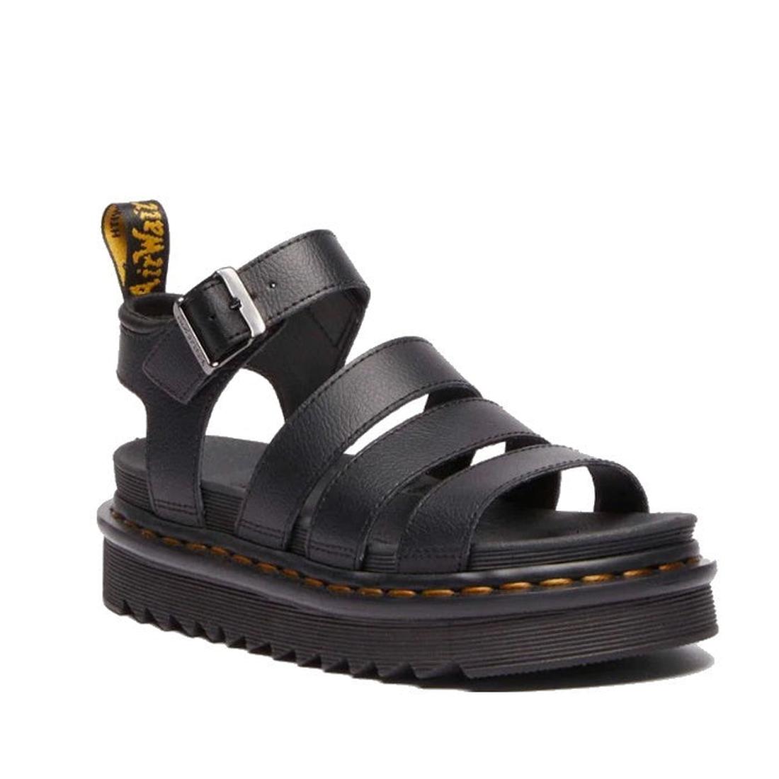 The Dr Martens Blaire Black Athena 3 Strap Sandal features three wide leather straps, an ankle strap with a silver buckle, a thick ridged sole with yellow stitching, and a black and yellow branded pull tab at the back.
