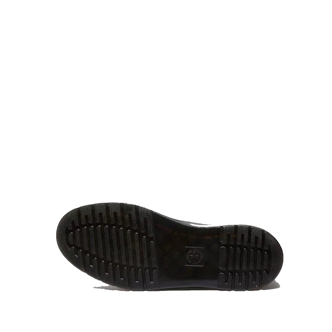 Black sole with horizontal ridges and textured tread, shown from below on white—designed for the Dr Martens Brookline Dark Black Lusso Leather Shoe, a lightweight work shoe.