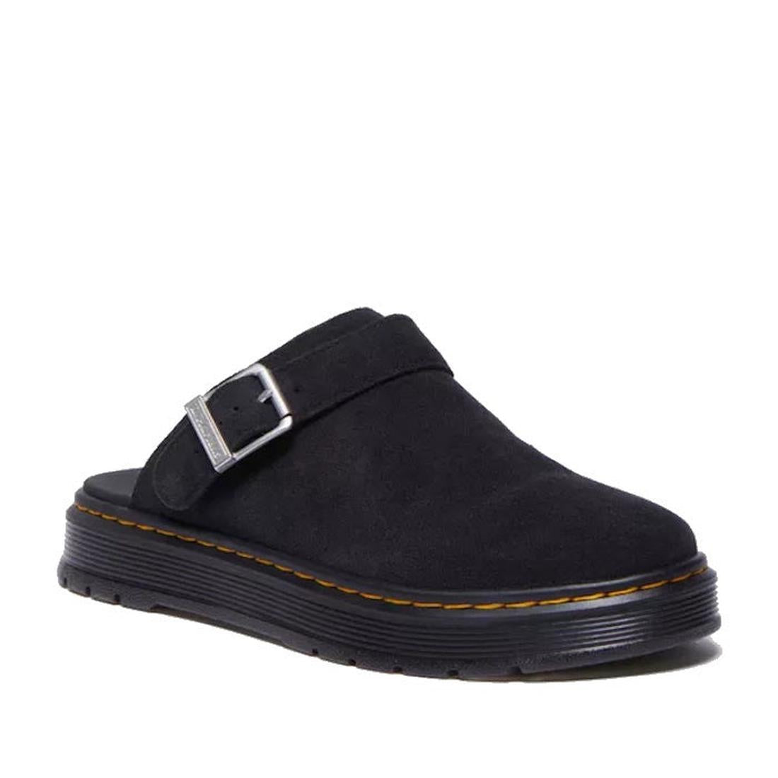 The Dr Martens Brookline Suede Mule Clog Sandal in black features a suede upper, silver buckle strap, and thick ridged sole with yellow stitching—perfect lightweight summer shoes for easy style.