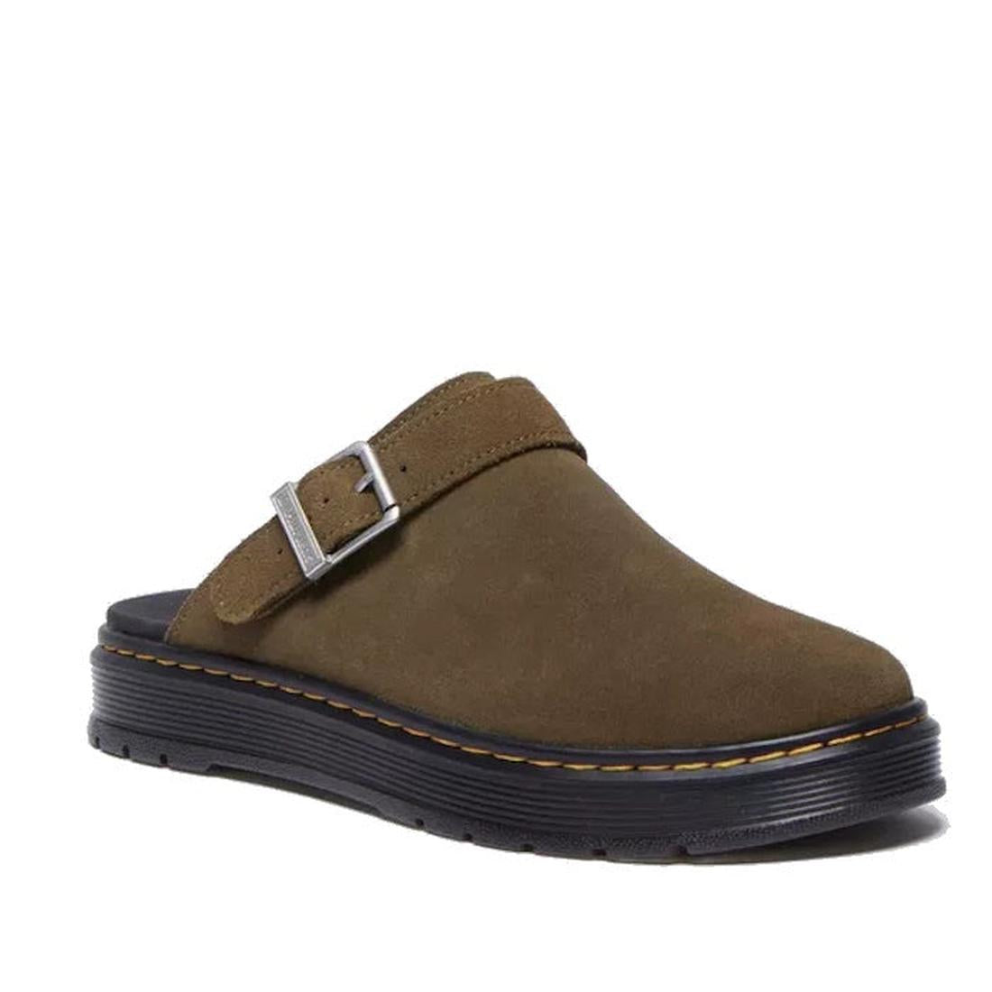 An olive green Dr. Martens Brookline Suede Mule Clog with a buckle strap and lightweight sole.