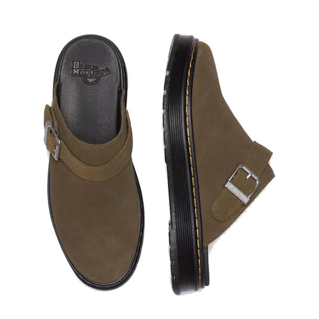 Left foot top down view and right foot side view on a Brookline Mule Sandal by Dr Martens in Olive with a balck sole and a strap over the top of the foot that can be moved to the heel.,
190665705867,
190665705874,
190665705881,
190665705904,
190665705911,