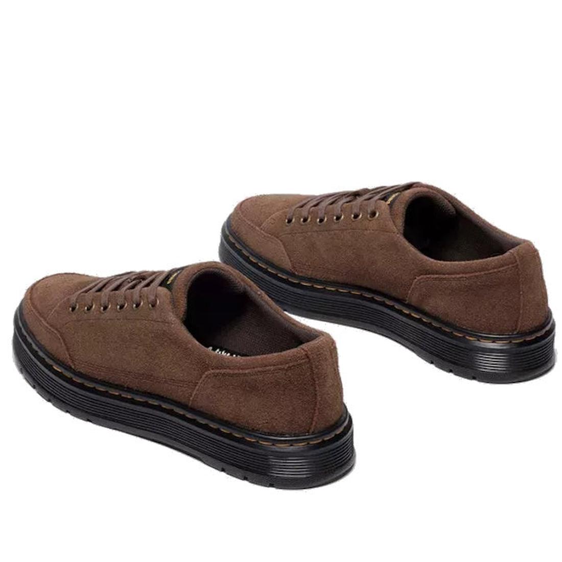 Pair of Dr Martens brookline suede brown shoes with black soles view from the heel looking forward showing the outer foot on the right foot and inner foot on the left foot on a white background.,
190665752472,
190665752489,
190665752496,, 46241, 46242, 46