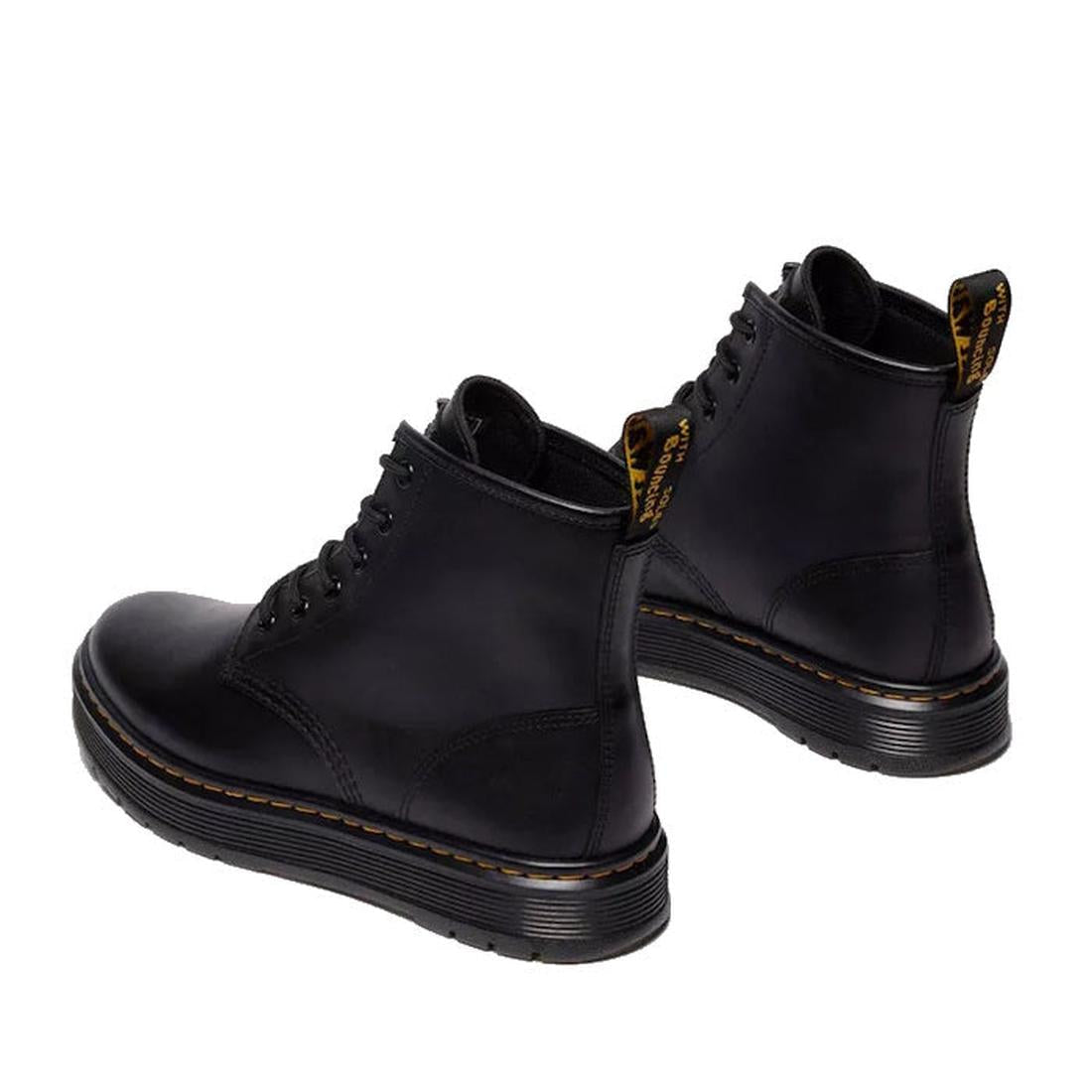 Pair of black leather boots with yellow stitching viewed from the back to the front on a white background,
190665752700,
190665752717,
190665752731,
190665752748,
190665752755,
190665752779,, 45947, 190665752700, 190665752717, 190665752731, 190665752748, 
