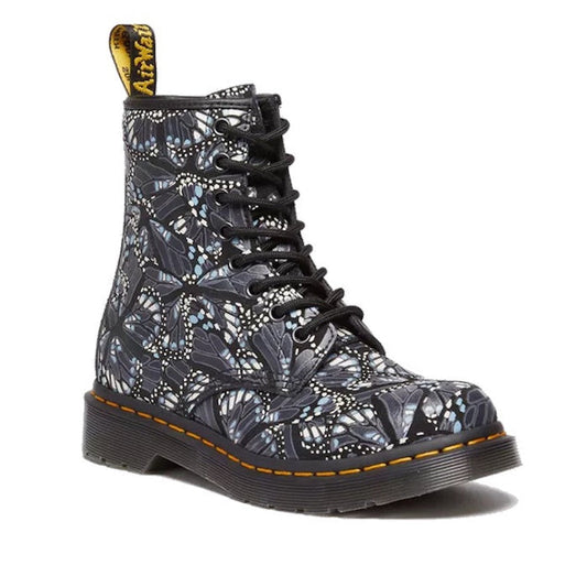 Dr Martens Pascal Butterfly Suede Boot 8 Up Black/Grey: sturdy lace-up boots with pretty butterfly wings, strong sole, and easy pull tab.  ksnz