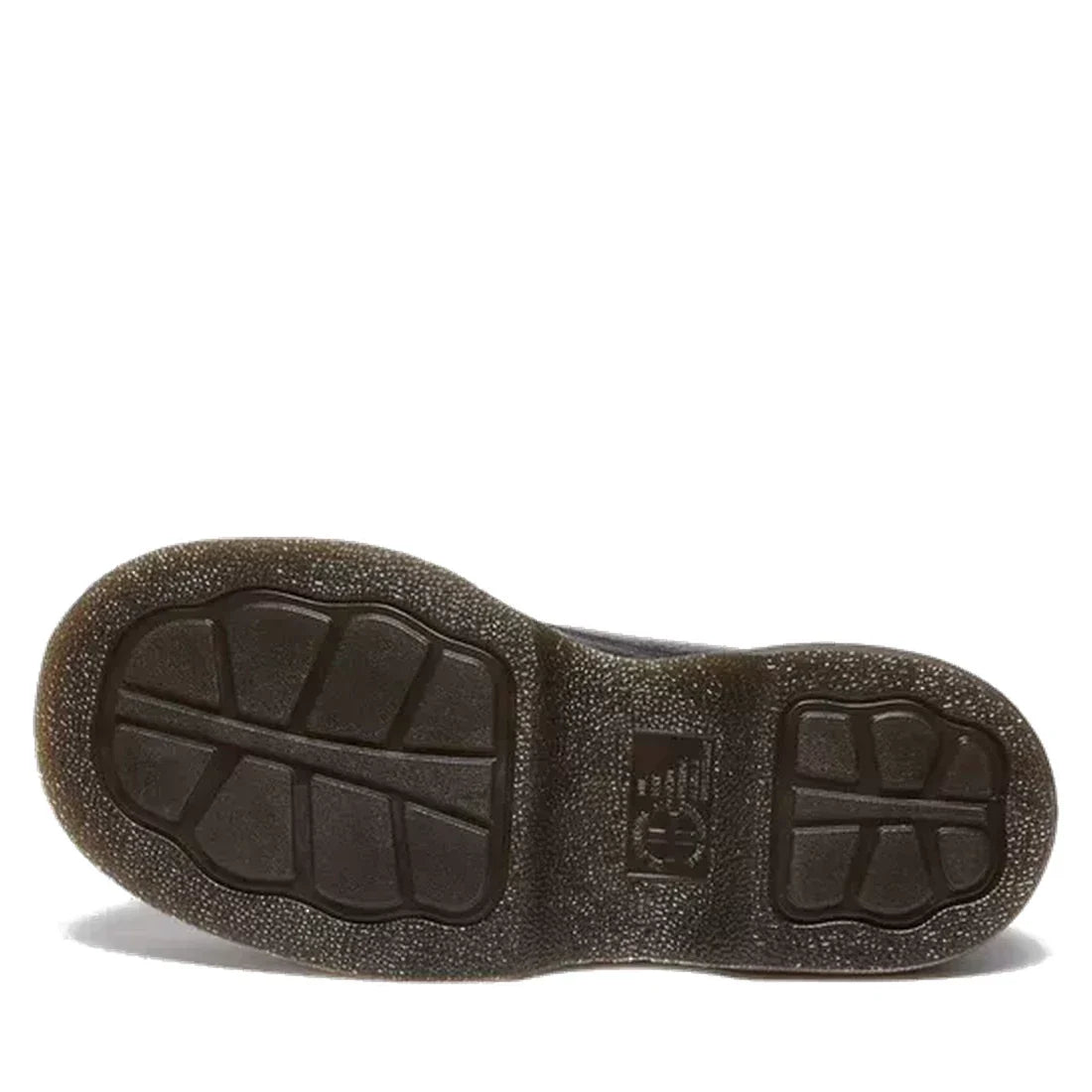 The image shows the bottom view of a Dr Martens Buzz 5i Milled Nappa Black Leather 5 Eye Shoe, highlighting its dark brown rubber sole with deep treads and grooves for grip, plus visible branding near the heel., 51613, 190665702798, 190665702804, 19066570