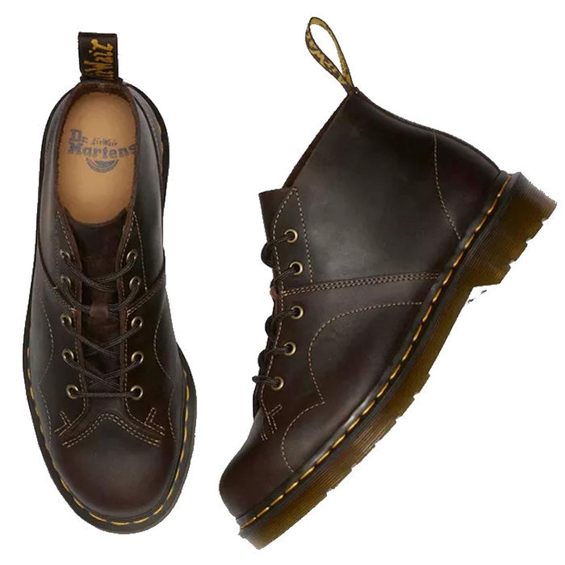 Left foot top down and right foot sizde view shwing stitch circular detailing on the side of the boot. Dr Martens 5 eye Chrch Monkey boot in crazy horse brown.,
190665703580,
190665703597,
190665703610,
190665703627,
190665703634,
190665703658,, 44507, 19