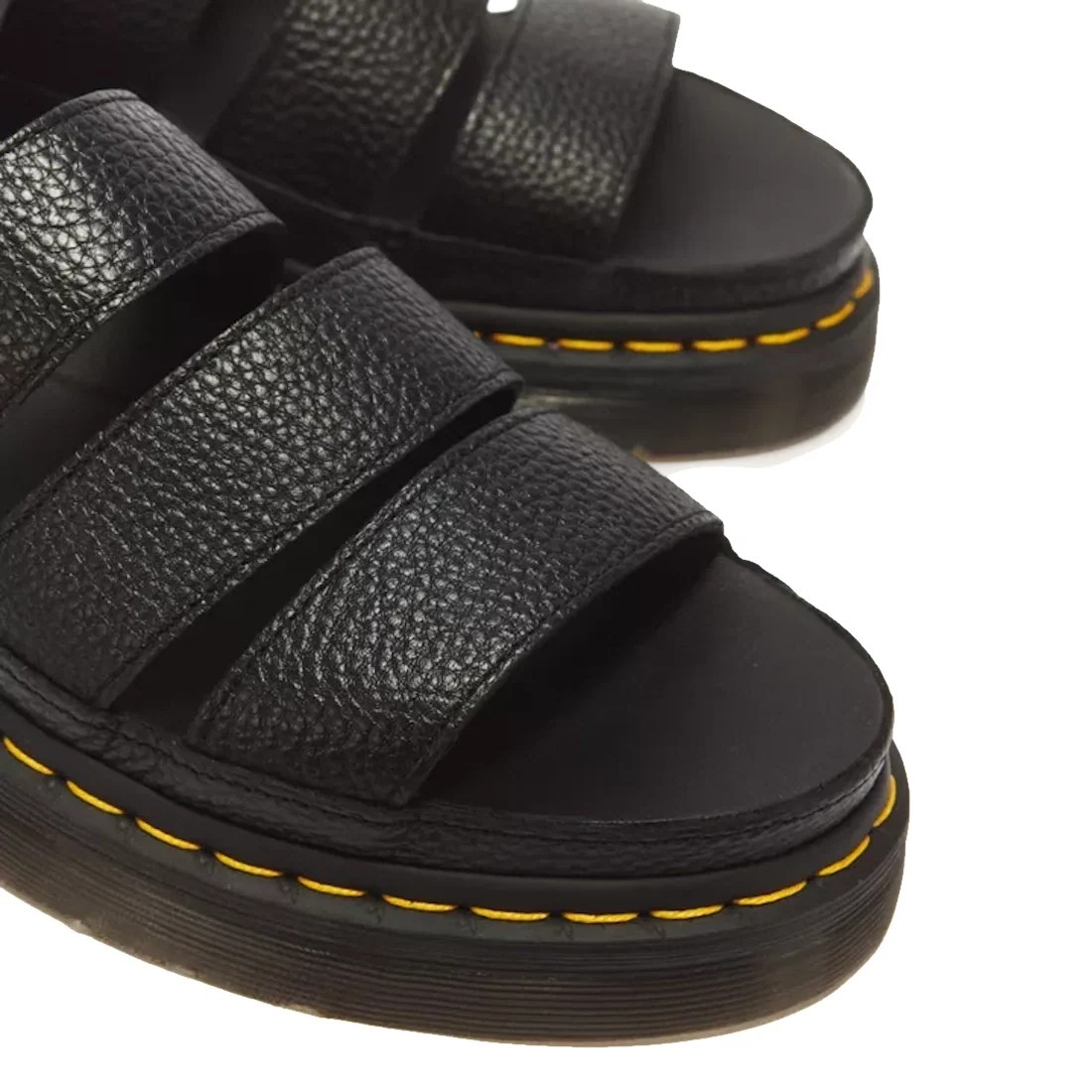 Dr Martens Clarissa II Quad Platform Sandal Black featuring black milled nappa leather, three straps, and yellow stitching around the sole.