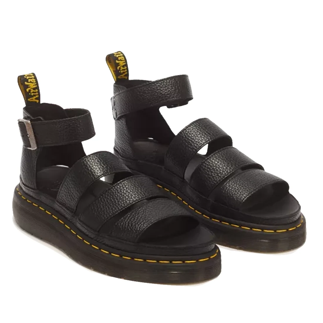 Dr Martens Clarissa II Quad Platform Sandal Black featuring black milled Nappa leather, a platform sole, three front straps, an ankle strap with a buckle, and yellow stitching along the sole.