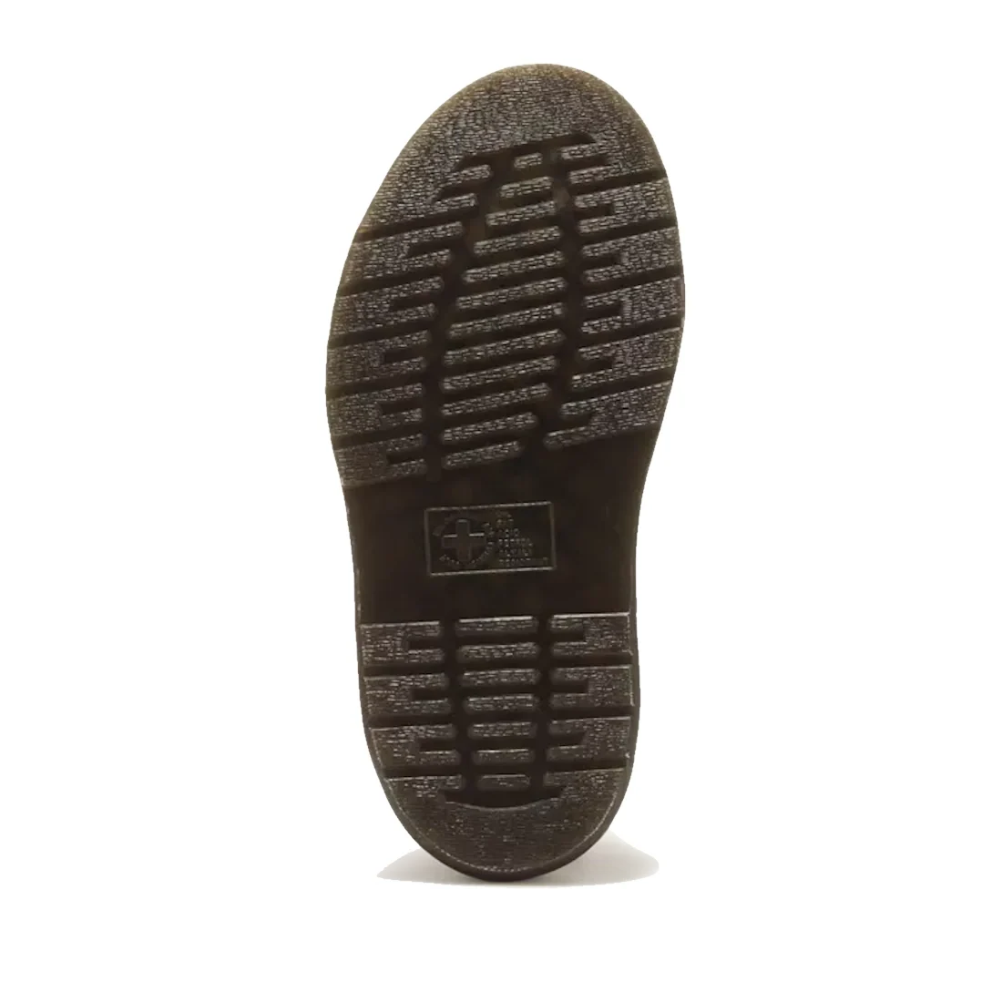 Bottom view of the dark, thick, treaded platform sole of a Dr Martens Clarissa II Quad Platform Sandal Black.