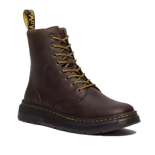 Dr Martens Crewson Classic Leather Boots in Crazy Horse Brown with easy lace-up closure, sturdy black sole, and yellow stitching.  ksnz