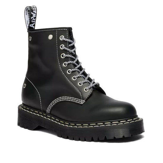 The Dr Martens Bex 1460 WDS White Stitching Black Boot Sendal features smooth black leather, white stitching, a thick Bex sole, black-and-white laces through metal eyelets, and a branded fabric pull tab on the back.