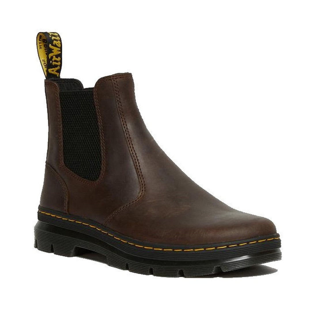 Image of right foot, side on of Dr Martens - Embury Chelsea Boot Gaucho Crazy Horse Brown-Foot Forward Shoes showing the 'airwair' branded pull tab on the back of the heel, the black elastic gusset on the outer side of the foot and the yellow stitching ar