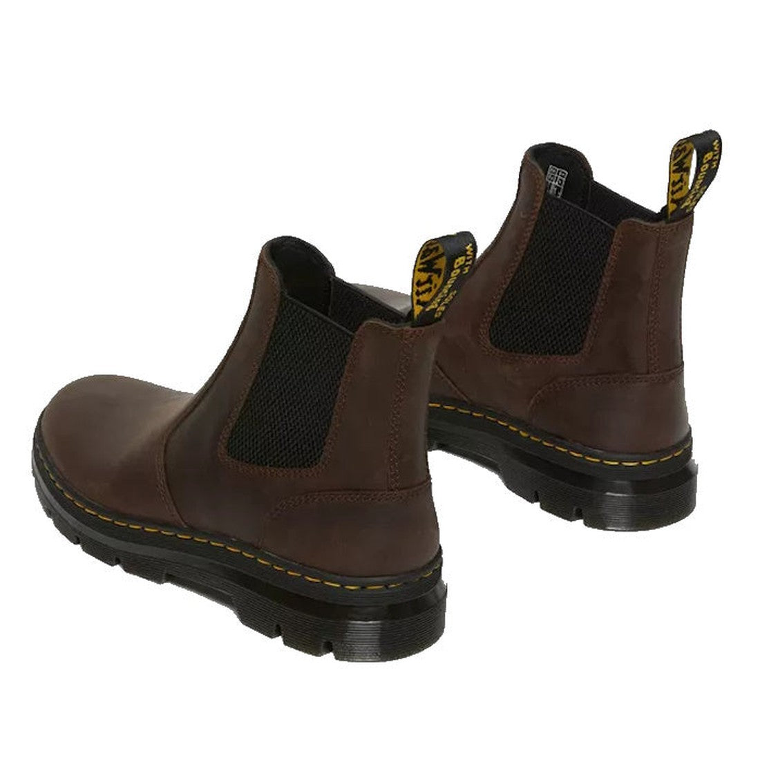 rear heel view of bothe feet of a Dr Martens Embury pull on chelase boot in carzy horse brown. Showing the black elastic gussets on the inner and outer of the feet, and yellow stitching around the sole.,
190665358643,
190665358650,
190665358674,
190665358
