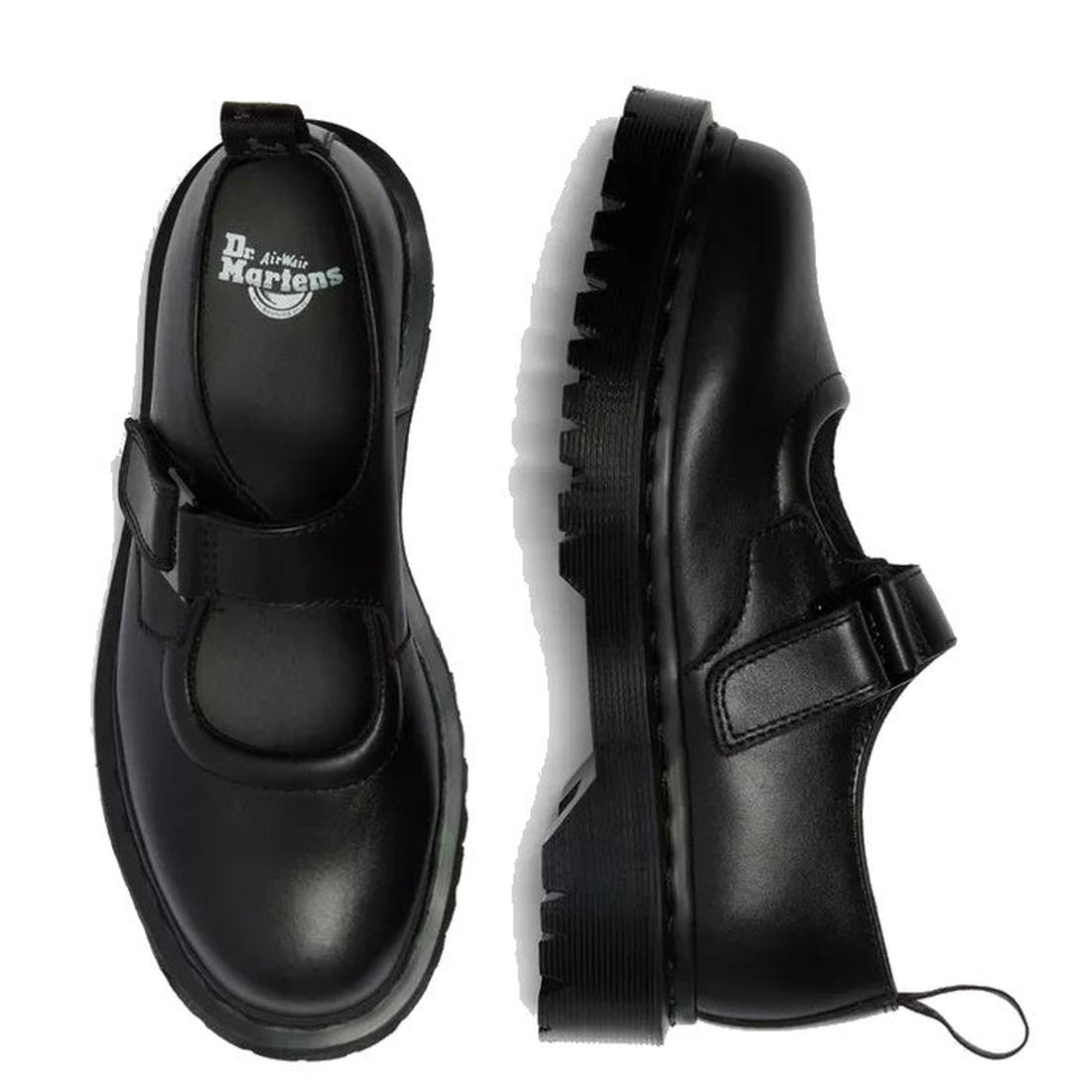 A pair of Dr Martens Bex Indica II Mary Jane Tech Nappa Mono Black shoes, shown from above and the side, with a thick grooved sole and an adjustable single buckle strap., 190665804744, 190665804751, 190665804768, 190665804782, 190665804799, 190665804805, 