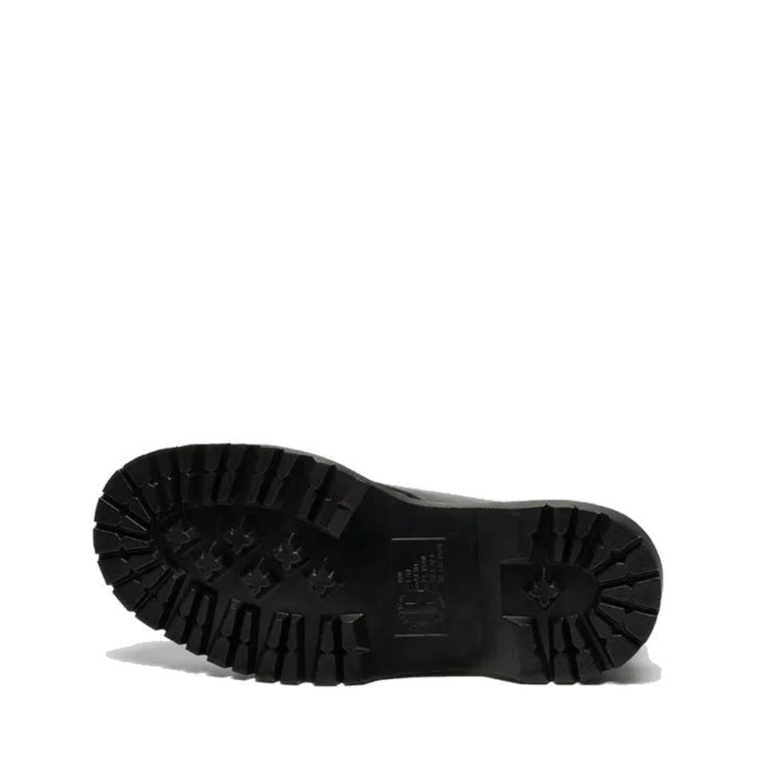 The image displays the sole of the Dr Martens Bex Indica II Mary Jane Tech Nappa Mono Black, featuring a rugged, deeply treaded design for great traction. The boot lies sideways on a white background, showcasing its durable construction., 190665804744, 19