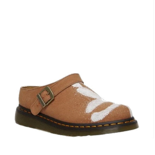 Image of the right foot side on of Dr Martens - Isham Dark Tan Buckle Mule Floral Hemp Canvas Sandal
