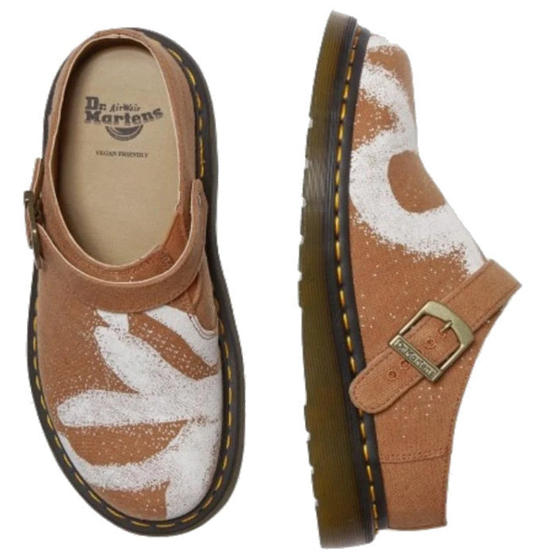 Dr Martens Isham Tan Mule Sandals, vegan floral canvas, yellow stitched sole, comfy slip-on with side buckle. Great for families!.  ksnz, 190665642704, 190665642780, 190665642711, 190665642728, 190665642742, 190665642759, 190665642766