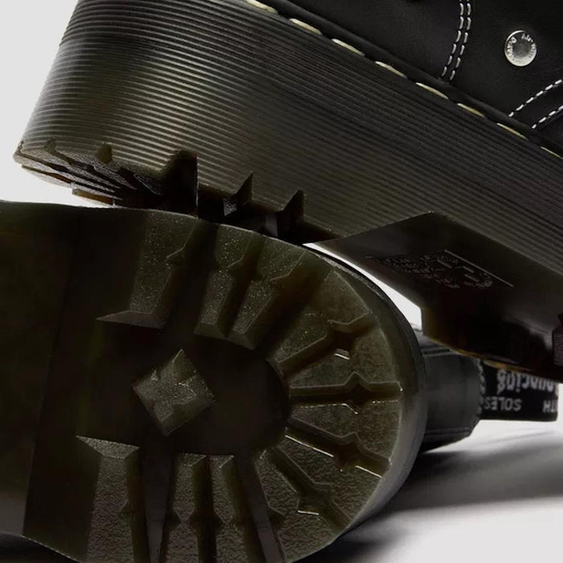 Close-up of the sole and stitching details on Dr Martens Jadon WDS White Stitching Hardware 8 Eye Boot Black, showcasing the thick, grooved platform silhouette and distinctive white stitching., 50347, 50348, 190665775471, 190665775488, 190665775501, 50353