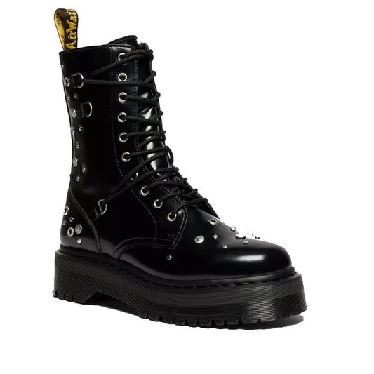 The Dr Martens Jadon Hi HDW Hardware Buttero Platform Black Boots feature metallic studs, a thick platform sole, and a yellow logo tag at the back, displayed against a white background.