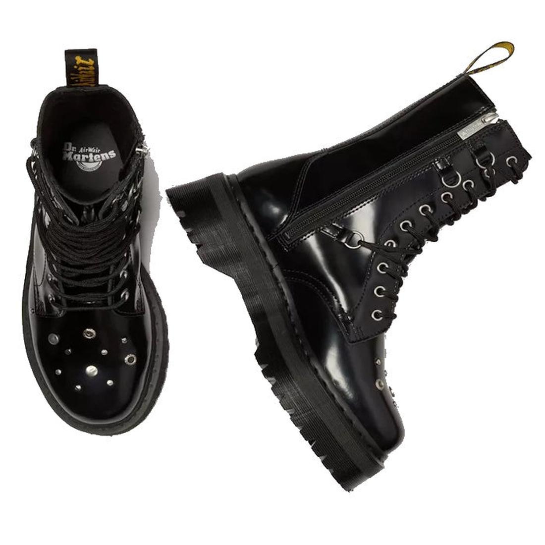A pair of Dr Martens Jadon Hi HDW Hardware Buttero Platform Black Boots—one upright, one on its side—feature thick platform soles, metal eyelets, a side zipper, and bold studs on the toe., 190665797862, 190665797879, 190665797893