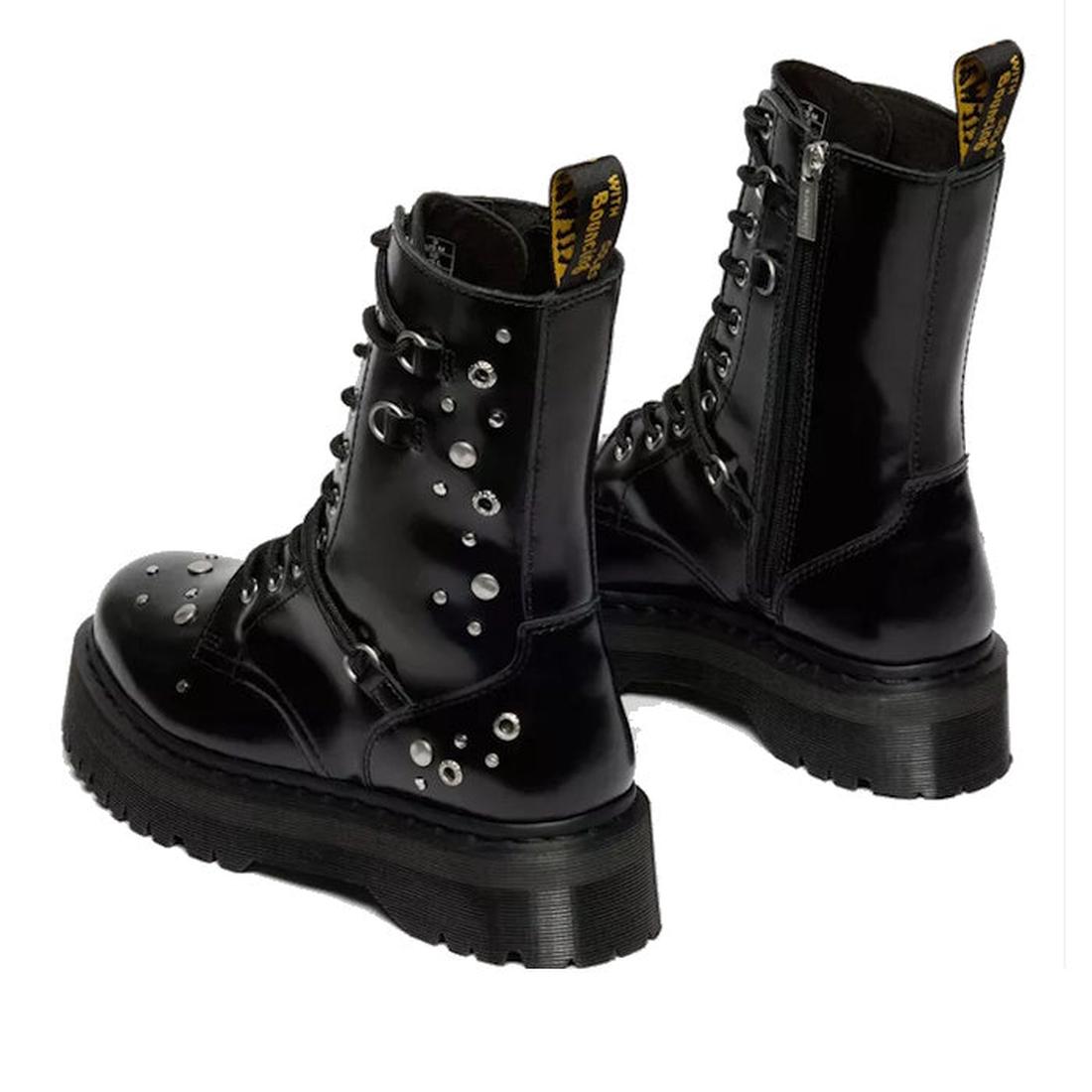 A pair of Dr Martens Jadon Hi HDW Hardware Buttero Platform Black Boots, featuring silver studs, shiny black finish, thick platform soles, side zippers, and yellow-branded pull tabs at the back., 190665797862, 190665797879, 190665797893
