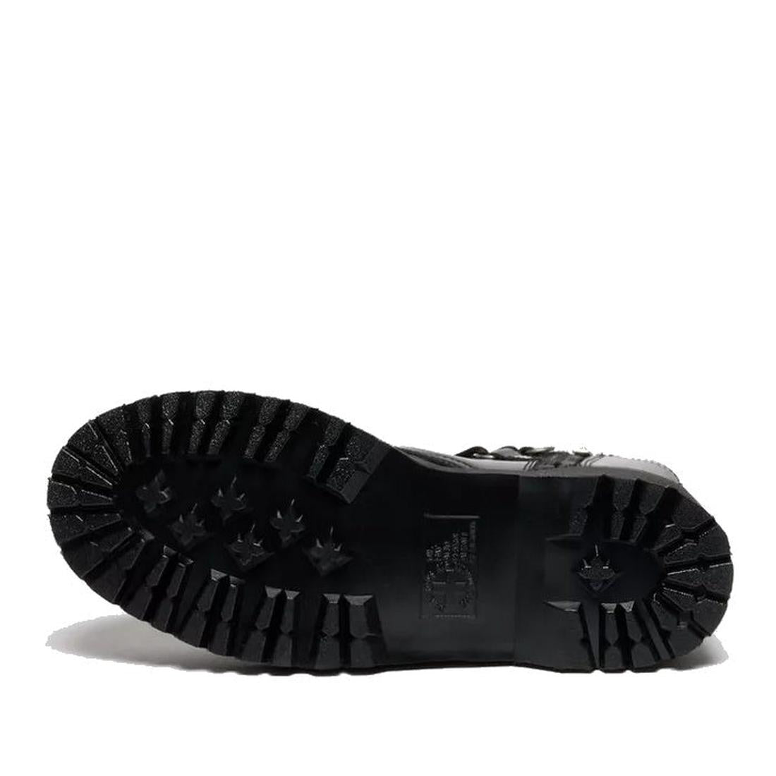 The image displays the black rubber sole of the Dr Martens Jadon Hi HDW Hardware Buttero Platform Black Boots, viewed from below. The deep tread pattern offers enhanced grip and traction. The background is plain white., 190665797862, 190665797879, 1906657