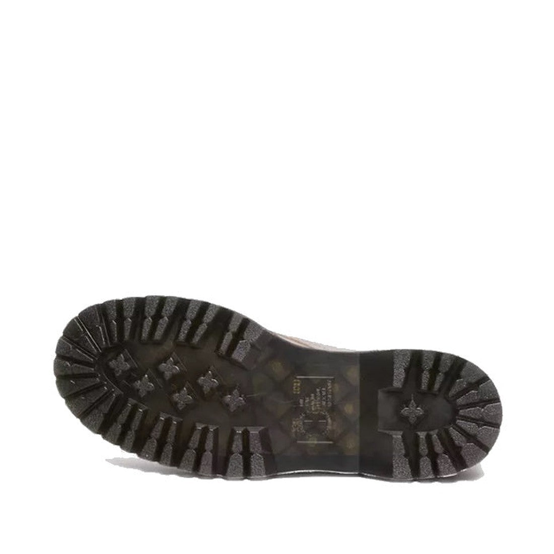 The image shows the sole of the Dr Martens Jadon III Pisa Vintage Taupe Leather Boot, featuring a rugged, textured tread with deep grooves and lugs for traction, photographed against a white background., 190665590135, 190665590142, 190665590159, 32729, 19