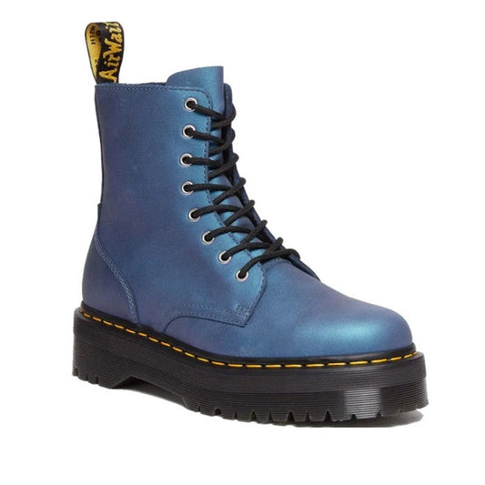 Image of right foot, side on of Dr Martens Jadon Deep Blue Pull Up Leather Platform Boot-Foot Forward Shoes