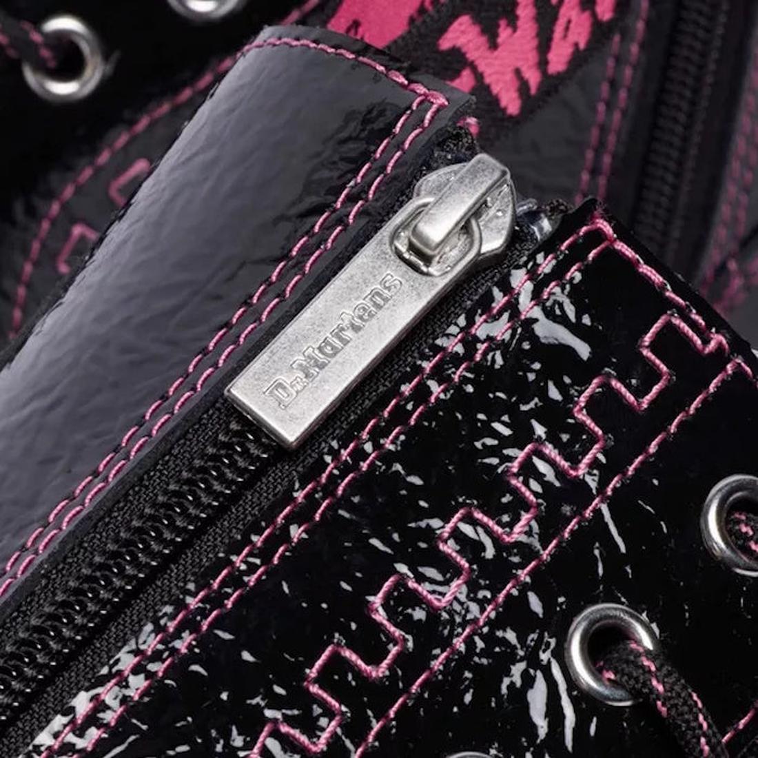 Dr Martens Jadon TP Distressed Patent Boot in Black Purple, a sturdy lace-up boot with pink stitching and chunky platform sole.  ksnz, 190665775334, 190665775341, 190665775358, 190665775372, 190665775389, 190665775396
