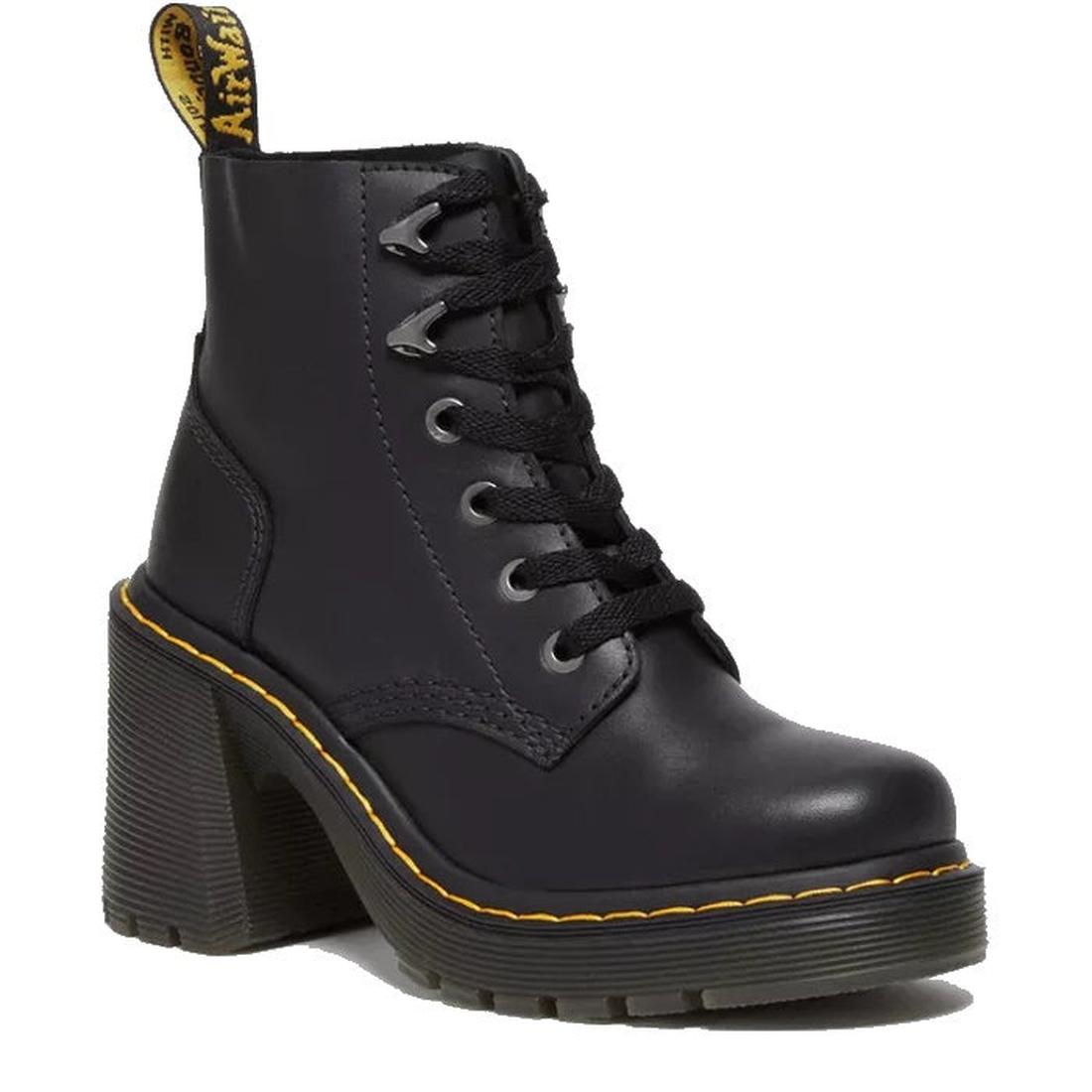 The Dr Martens Jesy Sendal 6 Tie Flared Heel Boots are black full-grain leather boots featuring a chunky high heel, yellow stitching on a Goodyear welted sole, and a back pull tab.