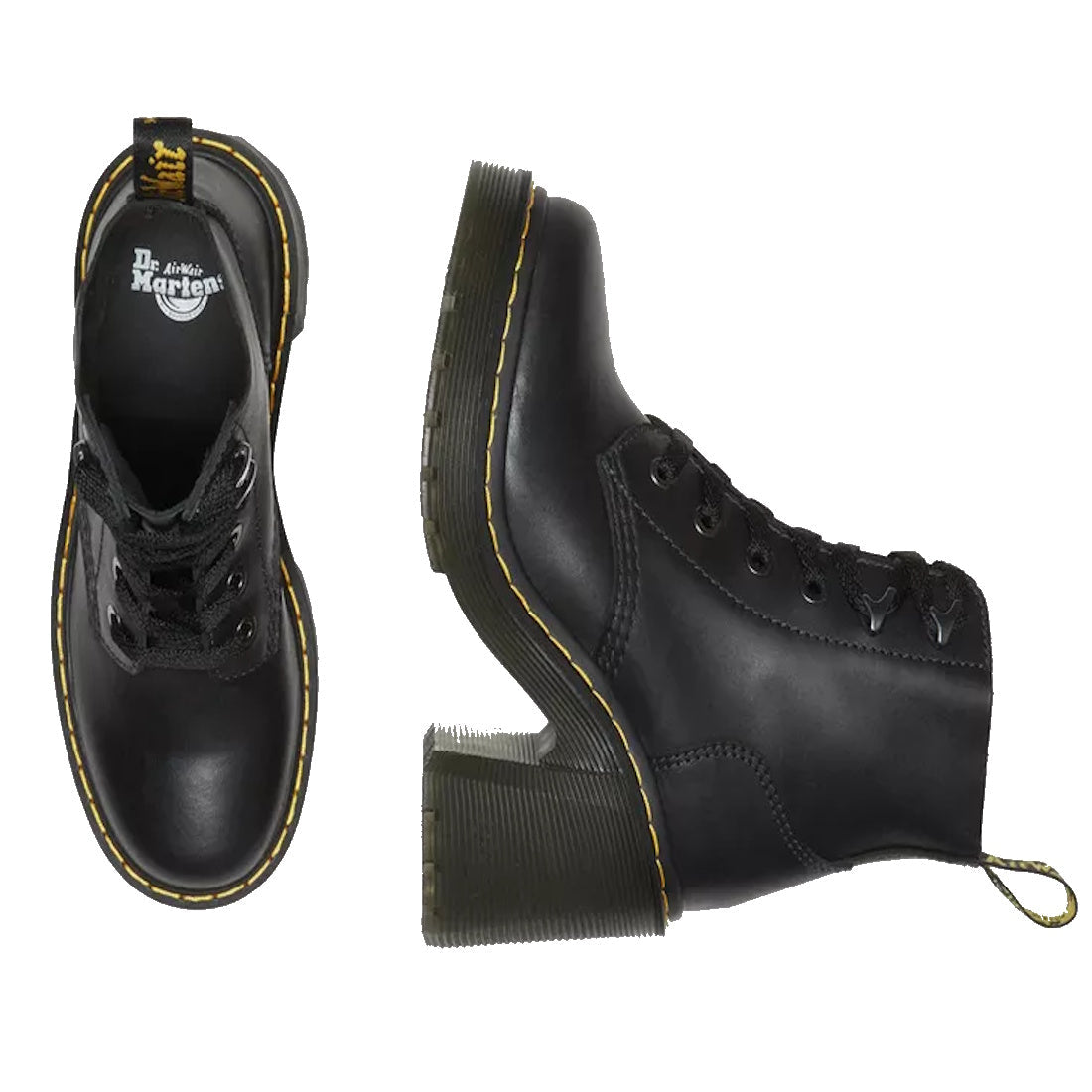 The Dr Martens Jesy Sendal 6 Tie Flared Heel Boots in black full-grain leather feature chunky heels, yellow stitching, and lace-up fronts, shown from top and side views on a white background., 190665511796, 190665511802, 190665511819, 190665511833, 190665