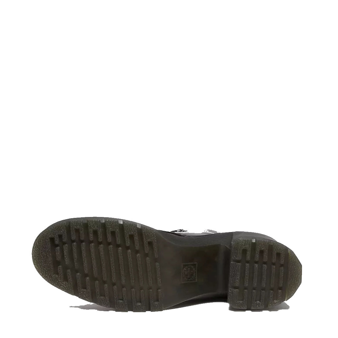 The image shows the bottom view of a single black Dr Martens Jesy Sendal 6 Tie Flared Heel Boot with a textured, ridged rubber sole against a white background., 190665511796, 190665511802, 190665511819, 190665511833, 190665511840, 190665511857